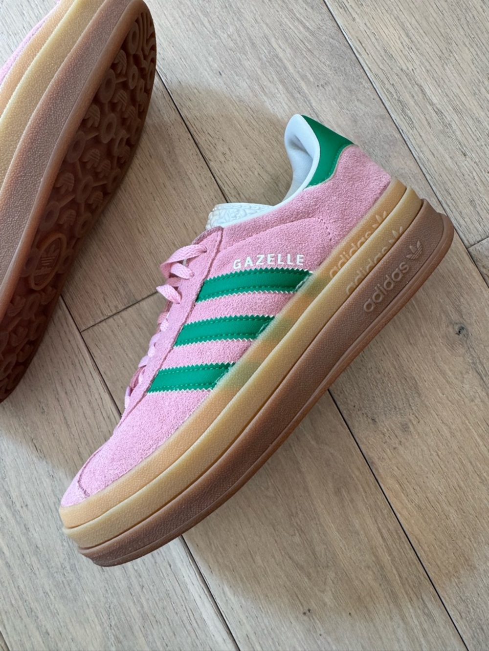 adidas Pink and Green Gazelle Platform Sneakers - Picture 2 of 9